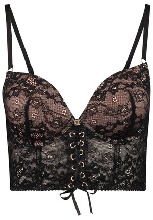 Zwarte kanten beha met gepadde cups, een corsetstijl voorzijde met gouden oogjes en satijnen lintdetails. Dunne verstelbare bandjes.
