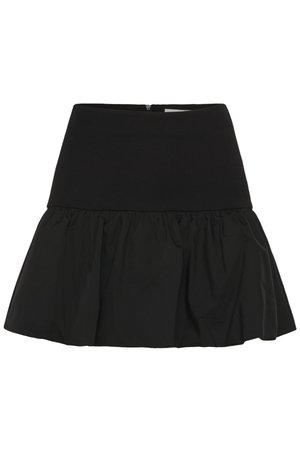 Black mini skirt with a fitted waistband and gathered, flared lower section, featuring a subtle zipper at the back.