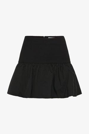 Fustă mini neagră cu talie ajustată și partea inferioară strânsă și evazată, având un fermoar discret în spate.