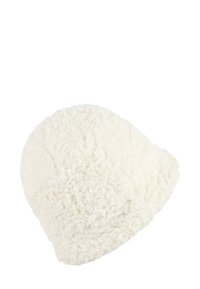 Soft white fuzzy bucket hat with textured, curly fabric, isolated on a white background.