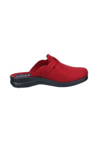 Red felt clogs with a rounded toe, open back, and a black, textured outsole. Features a simple strap accent for secure fit.