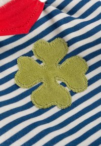 Green four-leaf clover patch sewn onto blue and white striped fabric with a red collar corner visible.