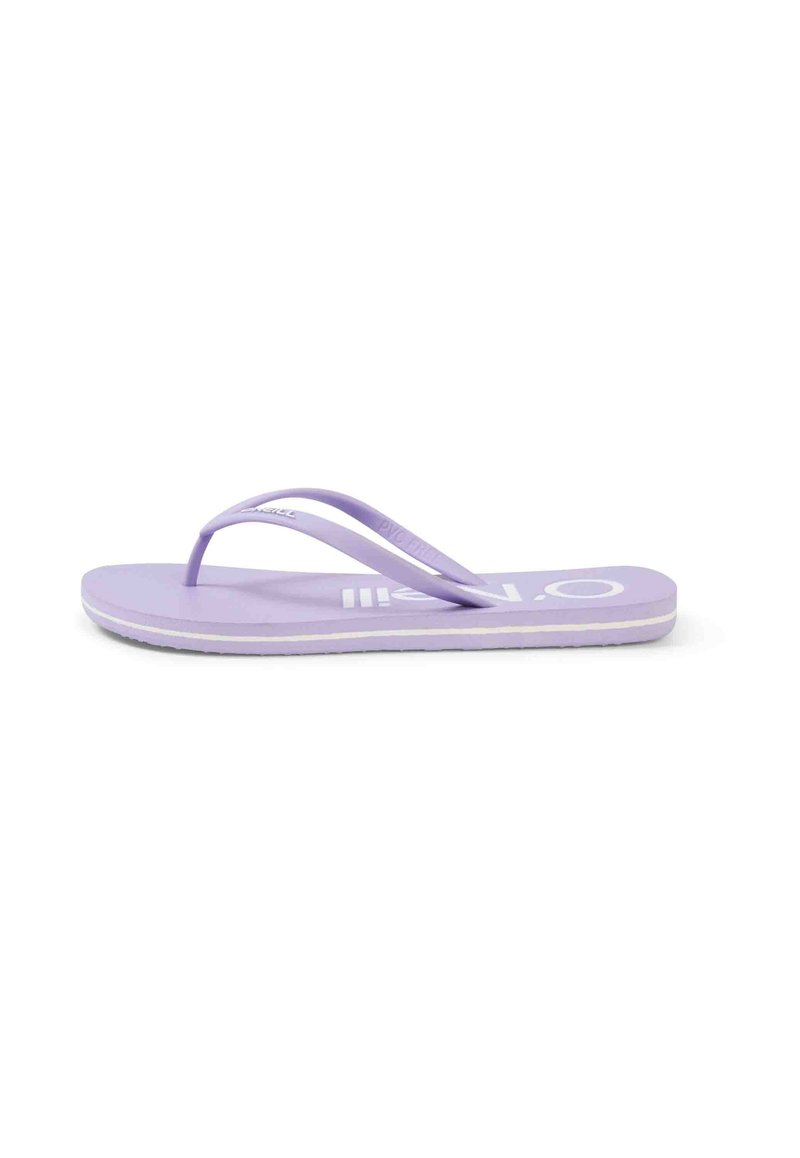Purple flip-flop made of soft PVC, featuring slim straps, a flat sole, and a contrasting white accent stripe along the edge.