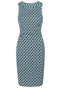 Ärmlös klänning med en geometrisk mönstring i mörkgrön, vit och ljusrosa. Slim fit med rund halsringning och texturerad tyg.