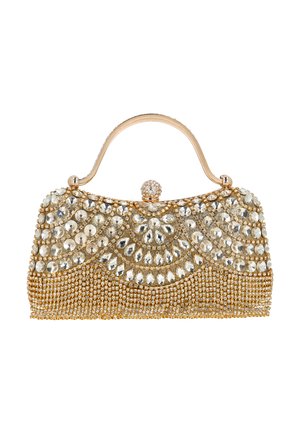 Plic de seară auriu cu mâner curbat, acoperit cu pietre preţioase clare mari şi strasuri mai mici în modele florale şi geometrice.