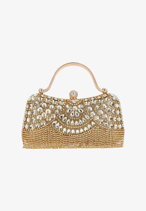 Gold evening clutch with a curved handle, covered in large clear gemstones and smaller rhinestones in floral and geometric patterns.