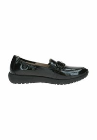 Pantofi slip-on din piele lăcuită neagră, cu vârf rotunjit, detalii de cusătură subtile și un accent decorative sub formă de cataramă. Talpă din cauciuc pentru aderență.