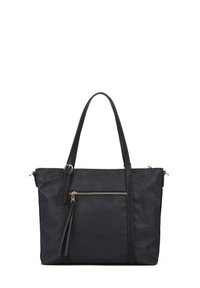 Borsa a spalla nera realizzata in tessuto testurizzato, con due manici lunghi, una tasca con zip sul davanti e sottili motivi di cucitura. Accenti in hardware color oro.