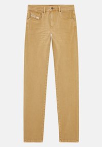 Pantalons en velours côtelé beige avec une coupe droite, dotés d'une fermeture à bouton, de poches et d'une texture subtile.