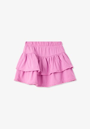 Gonna rosa a più strati con strati arricciati. Realizzata in tessuto morbido, presenta una vita elastica e un bordo decorativo lungo i lati.