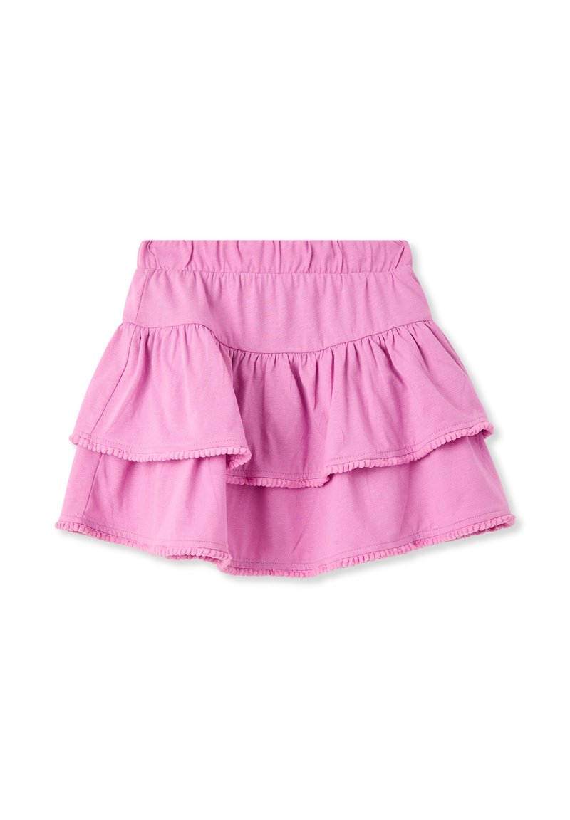 Gonna rosa a più strati con strati arricciati. Realizzata in tessuto morbido, presenta una vita elastica e un bordo decorativo lungo i lati.