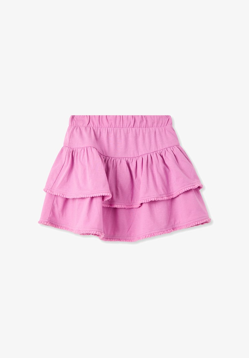 Gonna rosa a più strati con strati arricciati. Realizzata in tessuto morbido, presenta una vita elastica e un bordo decorativo lungo i lati.