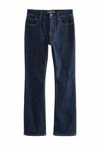 Mørkeblå denimjeans med lige ben. Funktionen inkluderer fem lommer, løkke-linning og kontraststing.