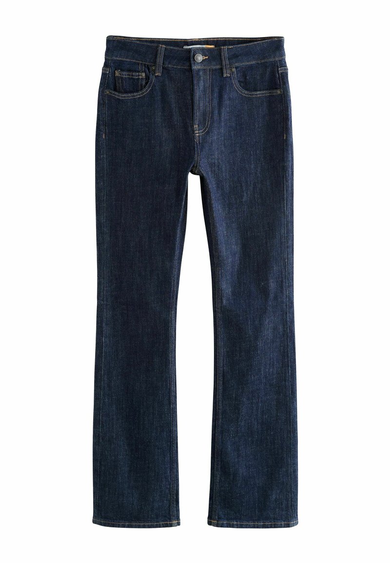Mørkeblå denimjeans med lige ben. Funktionen inkluderer fem lommer, løkke-linning og kontraststing.