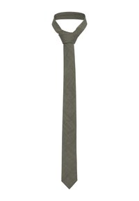 Cravate gris-vert en tissu texturé, possédant une forme étroite et une pointe pointue. Elle a un design de nœud simple en haut.