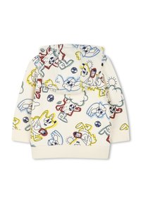 Haut à capuche de couleur crème avec un motif de dessin animé ludique représentant divers personnages, des nuages et des soleils. Les poignets et l'ourlet côtelés ajoutent une texture.