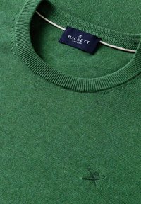 Grüner Strickpullover mit Rundhalsausschnitt, geripptem Kragen und kleinem Sticklogo. Glatte Textur mit durchgehend gleichmäßiger Farbe.