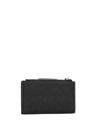 Portefeuille noir texturé avec un motif embossé subtil et une fermeture éclair dorée sur le dessus, présenté sur fond blanc.