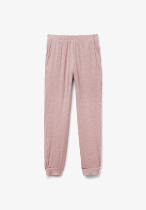 Lichtroze geribbelde gebreide loungebroek met elastische taille, drukknoopsluiting aan de voorkant, zijzakken en omgeslagen enkels.