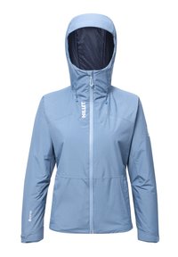 Veste imperméable bleu clair avec capuche, fermeture éclair à l'avant et poignets élastiques. Fabriquée à partir de matériaux durables avec une texture lisse et un design minimaliste.