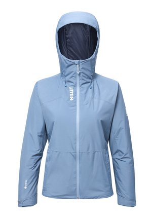 Himmelblau waterproof Jacke mit Kapuze, Frontreißverschluss und elastischen Manschetten. Hergestellt aus strapazierfähigem Material mit glatter Textur und minimalistischem Design.