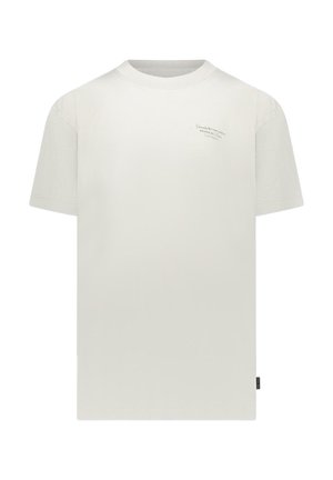 Effen crèmekleurig T-shirt met korte mouwen, met kleine, vage tekst op de linkerborst en een zwart stoffen label in de rechter zijnnaad.