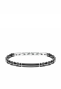 Bracciale nero e argento con maglie alternate, finiture lisce e testurizzate, con accenti rettangolari e piccoli dettagli metallici.