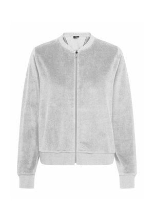 Hall halli lukuga dressipluus, mis on valmistatud pehmest kangast; sellel on ümar kaelus, soonikuga mansetid ja sile tekstuur. Lihtne disain ilma mustriteta.