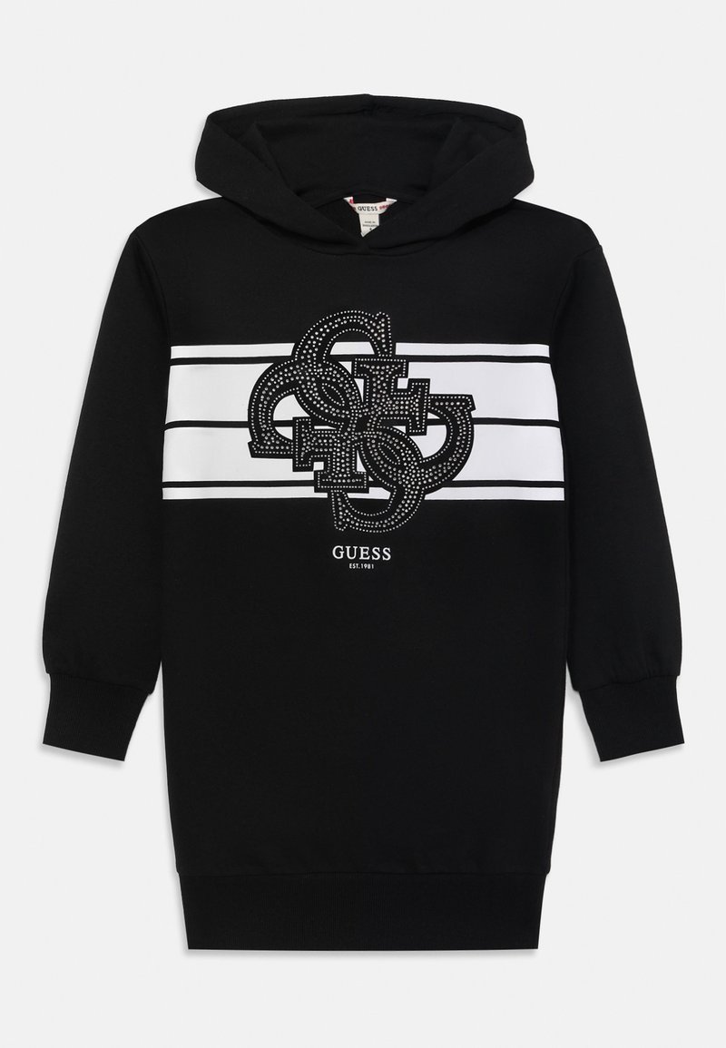 Melna kapucēta džemperis ar lielu dekoratīvu logo priekšā, kas ir izrakstīta ar rhinestones, un baltiem horizontāliem svītrām.