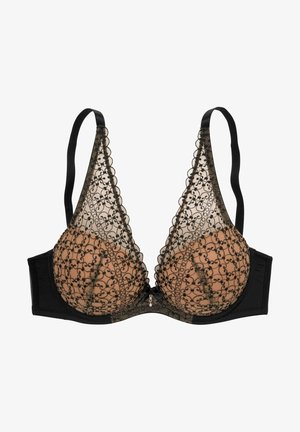 Soutien-gorge en dentelle noire avec des bonnets semi-transparents ornés de motifs en spirale délicats et d'un doublure nude. Bretelles réglables et fermeture à crochets.