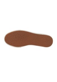 Rubber shoe sole with a textured brown finish and white edges. Features a patterned design for enhanced grip.