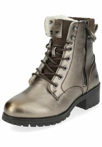 Metalen bronzen enkellaarsjes met een vetersluiting aan de voorkant, een rits aan de zijkant, bruine suède accenten en een gestructureerde rubberen zool. Warme binnenvoering.