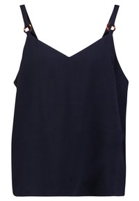Námořnická modrá bezrukávová blůza s výstřihem do V, nastavitelnými ramínky a dekorativními kovovými doplňky na místech připojení ramínek. Hladká textura.