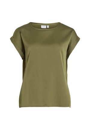 Blusa verde oliva a maniche corte realizzata in tessuto morbido, con scollatura rotonda e maniche arrotolate. Design semplice e dalla vestibilità ampia.