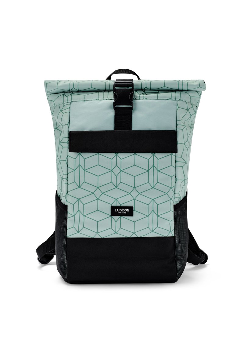 Roll-top backpack in mint green with geometric pattern, black bottom, adjustable straps, and hardware clasp closure. Logo displayed prominently.