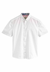 Camicia bianca a maniche corte con bottoni, caratterizzata da un motivo testurizzato, con tasca e stampa floreale all'interno del colletto.