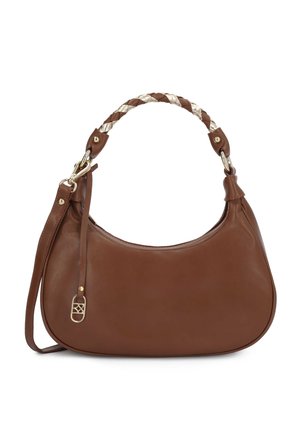 Rjava usnjena torbica v polmesecu obliki, pleten ročaj v rjavi in bež barvi, z zlatimi kovinskimi detajli in odstranljivim dolgim trakom.