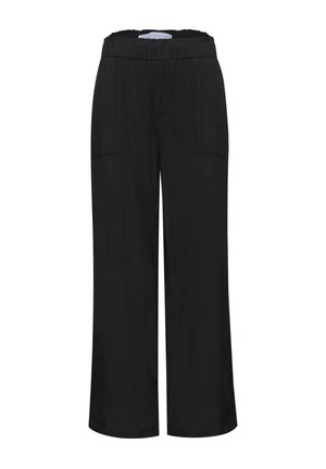 Pantalon noir à jambes larges avec taille élastique et poches plaquées à l'avant.