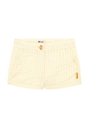 Gelb-weiß karierten Kinder-Shorts mit vorderen Taschen, Knopfverschluss und einem kleinen orangefarbenen Markenzeichen an der Seite.