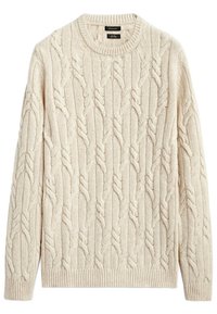 Sweter o splocie kablowym w kolorze kremowym. Posiada okrągły dekolt, długie rękawy oraz teksturowane wzory z prążkowanymi mankietami i dołem. Miękka mieszanka wełny.