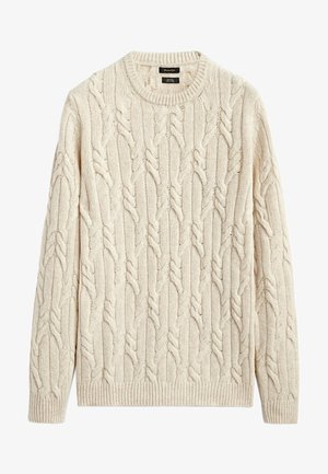 Sweter o splocie kablowym w kolorze kremowym. Posiada okrągły dekolt, długie rękawy oraz teksturowane wzory z prążkowanymi mankietami i dołem. Miękka mieszanka wełny.