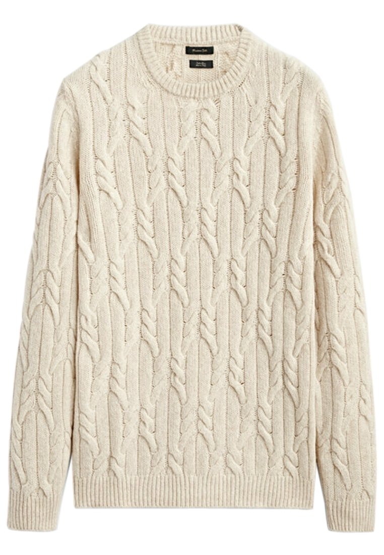 Sweter o splocie kablowym w kolorze kremowym. Posiada okrągły dekolt, długie rękawy oraz teksturowane wzory z prążkowanymi mankietami i dołem. Miękka mieszanka wełny.