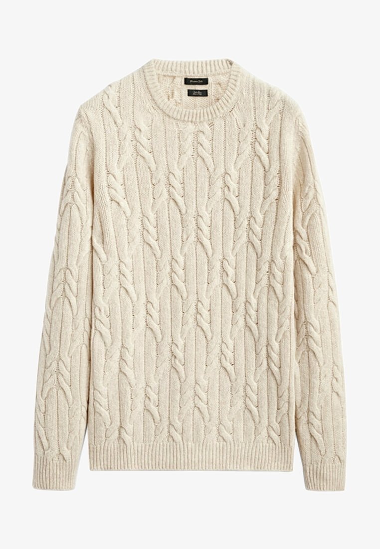 Sweter o splocie kablowym w kolorze kremowym. Posiada okrągły dekolt, długie rękawy oraz teksturowane wzory z prążkowanymi mankietami i dołem. Miękka mieszanka wełny.