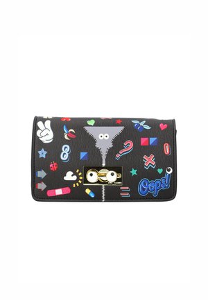 Plic negru decorat cu iconițe colorate în stil desen animat, inclusiv o mână semn de pace, cireșe, semn de întrebare, bandaj și textul „Oops!” cu lacăt ochi mobili.