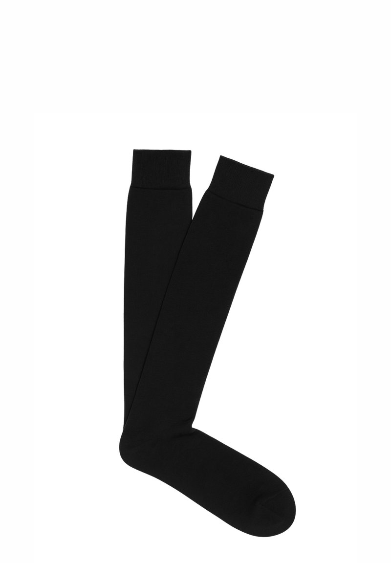 Calze nere al ginocchio in tessuto morbido ed elastico con polsini rinforzati in cima e una texture uniforme su tutta la superficie.