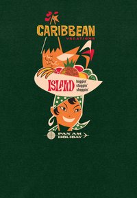 Grafický návrh pro "Karibské dovolené" na tmavozeleném pozadí; zobrazuje ženu v zelené tečkované šátku s ovocem a tropickými akcenty.