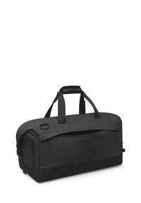 Mustapäivämatkakassi, jossa on sileä kangaspinta, kaksinkertaiset kahvat ja etupuolella vetoketjullinen tasku. Varustettu logo-tarralla ja suorakaiteen muotoisella rakenteella.