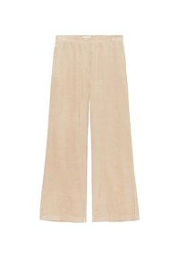Pantalons en velours côtelé beige à jambe large avec une taille élastique. Texture en côtes verticales, longueur complète, sans fermetures ni poches visibles.