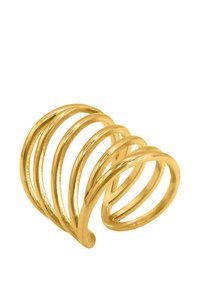 Gouden metalen ring met een spiraalontwerp, bestaande uit vijf gebogen banden, een gladde textuur en een gepolijste afwerking, met een eigentijdse vorm.