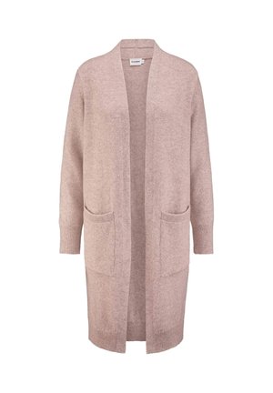 Langer Cardigan in hellrosa aus weichem Stoff, ausgestattet mit einem Schalkragen, offenem Frontbereich und zwei Fronttaschen. Glatte Textur und lässige Passform.